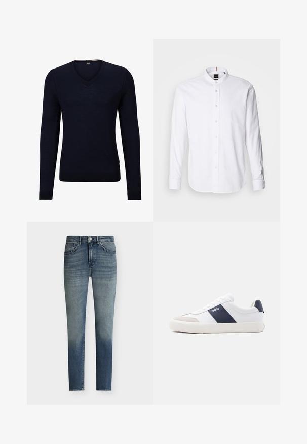 Mørkeblå v-hals sweater lavet af blødt strikstof med lange ærmer og ribbede manchetter og kant. Har et mærke med brandlogo indeni halslinjen.; Hvid langærmet skjorte med bandkrave, knaplukning fortil og rund kant. Lavet af bomuld, med en glat struktur og subtil glans.; Herre slim-fit blå jeans med diskret falmet detalje, knaplukning og design med fem lommer.; Hvid sneakers med lav top med navyblå side stribe, "BOSS" logo, beige tåbeskytter og hvid sål, vist i profil på en lys baggrund.