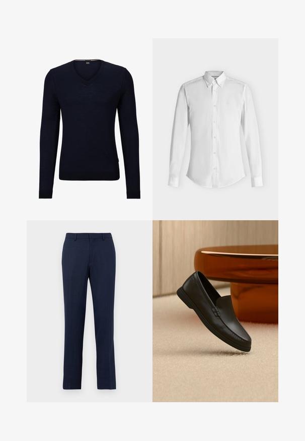 Pull-over en V bleu marine en tricot doux, avec des manches longues et des poignets et un ourlet côtelés. Comprend une étiquette avec le logo de la marque à l'intérieur de l'encolure.; Chemise blanche à manches longues avec col pointu et poignets boutonnés, présentée à plat sur un fond clair.; Pantalon tailleur bleu marine avec passants de ceinture, fermeture éclair devant et coupe droite sur fond blanc uni.; Mocassin noir en cuir sans lacets exposé sur un tapis beige à côté d'une table en verre ambré de forme incurvée dans une pièce aux tons neutres.