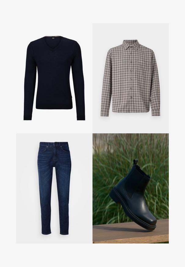 Marineblauer V-Ausschnitt-Pullover aus weichem Strickmaterial mit langen Ärmeln und gerippten Bündchen und Saum. Verfügt über ein Etikett mit dem Markenlogo im Kragen.; Braun- und cremefarbener Karohemd mit Button-Down-Kragen, langen Ärmeln und Knöpfen auf der Vorderseite; aus strukturiertem Stoff gefertigt.; Dunkelblaue Jeans aus Denim mit geradem Bein, ausgestattet mit Taschen und einem Knopfverschluss an der Taille. Weiche Textur, minimale Ausbleichungen.; Schwarze Leder-Chelsea-Boots mit elastischen Seiten, runder Spitze, niedrigem Absatz und einer Lasche auf der Rückseite, vor einem verschwommenen grünen Hintergrund.