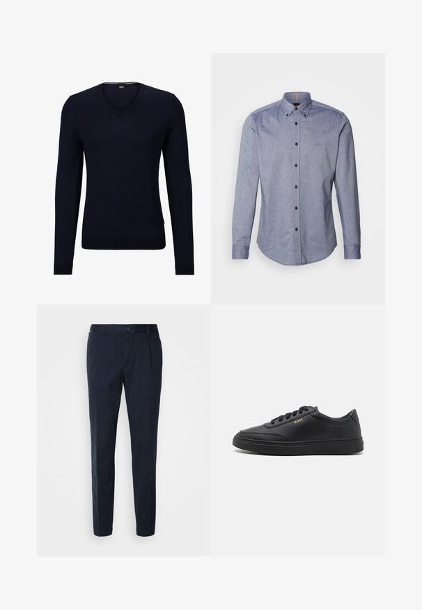 Navy blauwe v-hals sweater van zacht breiwerk met lange mouwen en geribbelde manchetten en zoom. Bevat een label met het merkniveau aan de binnenkant van de hals.; Blauwe overhemd met knopen in een lichte stof. Bevat een gespreid kraag, lange mouwen en een klein logo op de borst. Voorkant met knoopsluiting.; Navyblauwe broek van een katoenmix, met een rechte snit, plooien aan de voorkant en een knoopsluiting in de taille. Gladde textuur, geen patronen.; Zwarte leren sneakers met een gladde textuur, ronde neus, platte rubberen zool en tonale veters. Kenmerkt zich door de gouden "BOSS" branding aan de zijkant.