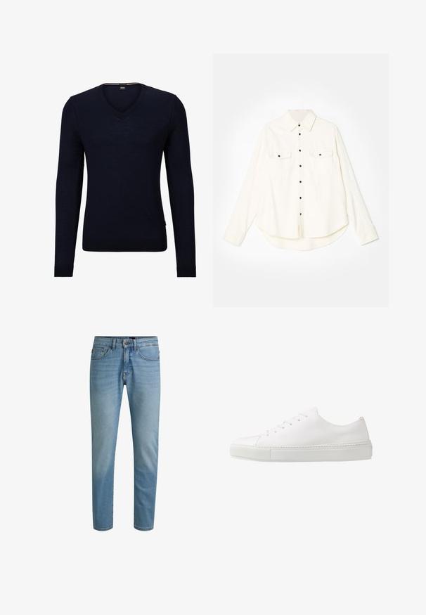 Navy blauwe v-hals sweater van zacht breiwerk met lange mouwen en geribbelde manchetten en zoom. Bevat een label met het merkniveau aan de binnenkant van de hals.; Witte overhemden met lange mouwen, twee borstzakken, zwarte knopen en een gebogen zoom. Gemaakt van een zachte, textuurstof.; Lichtblauwe spijkerbroek van denim met een rechte pijp, een ontwerp met vijf zakken en lichte vervaging. Voorzien van een knoopsluiting en riemlussen.; Witte leren sneaker met een gladde afwerking, ronde neus en zes oogjes voor veters. Voorzien van een getextureerde rubberen zool en een minimalistisch ontwerp.