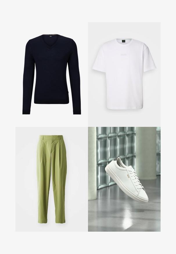 Navy blauwe v-hals sweater van zacht breiwerk met lange mouwen en geribbelde manchetten en zoom. Bevat een label met het merkniveau aan de binnenkant van de hals.; Witte katoenen T-shirt met korte mouwen, ronde halslijn en reliëf 'BOSS' logo op de borst. Veilig textuur, standaard pasvorm.; Lichtgroene broek van een gestructureerde stof, met een rechte pasvorm, plooien aan de voorkant en een standaard tailleband.; Witte leren lage sneaker met veters, zwarte hielstrook en "BOSS"-logo, zwevend binnenshuis bij een glazen stenen muur en gepolijste vloer.