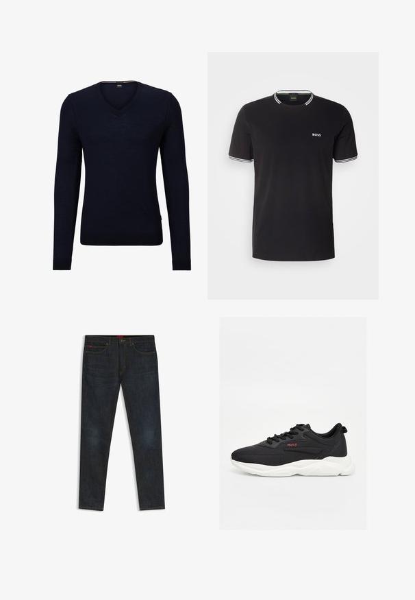 Marineblauer V-Ausschnitt-Pullover aus weichem Strickmaterial mit langen Ärmeln und gerippten Bündchen und Saum. Verfügt über ein Etikett mit dem Markenlogo im Kragen.; Schwarzes Baumwoll-T-Shirt mit weißem Besatz am Kragen und an den Ärmeln, das ein kleines weißes "BOSS"-Logo auf der linken Brust trägt.; Dunkelblaue Slim-Fit-Jeans mit fünf Taschen und gelben Nähten, flach auf weißem Hintergrund liegend.; Schwarz-weißer Hugo-Sneaker mit dicker weißer Sohle, Schnürverschluss und kleinem roten "HUGO"-Logo an der Seite.