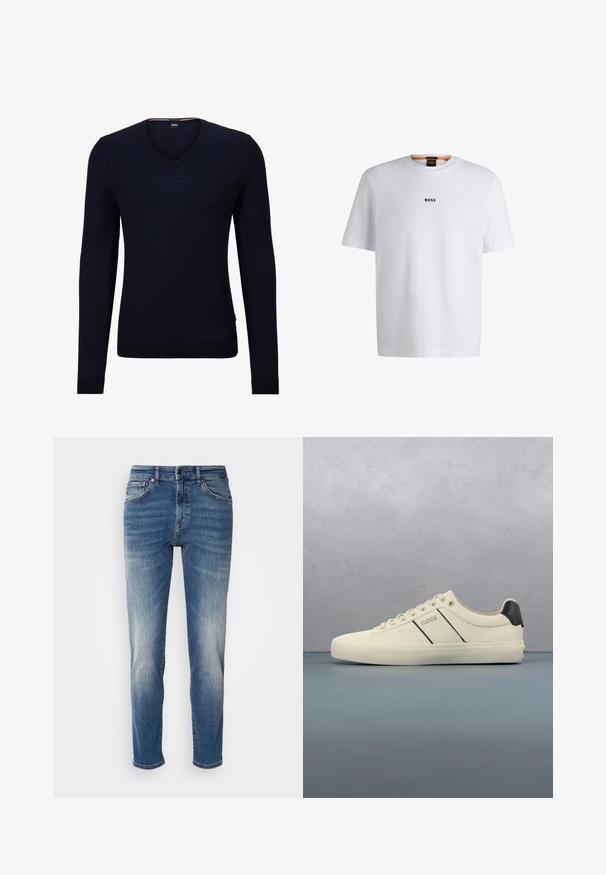 Mørkeblå v-hals sweater lavet af blødt strikstof med lange ærmer og ribbede manchetter og kant. Har et mærke med brandlogo indeni halslinjen.; Hvid bomuld T-shirt med korte ærmer, med et sort "BOSS" logo centreret på brystet og en rund halsudskæring.; Blå denimjeans med lige ben, let falmet finish, klassisk fem-lomme-design og lynlås med knaplukning.; Cremefarvede sneakers med en glat tekstur, der har sorte accenter og branding. Klassisk snørebåndsdesign med rund tå og gummisål.