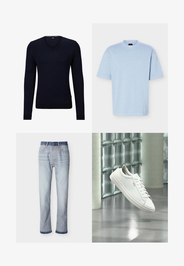 Pull-over en V bleu marine en tricot doux, avec des manches longues et des poignets et un ourlet côtelés. Comprend une étiquette avec le logo de la marque à l'intérieur de l'encolure.; T-shirt à manches courtes bleu clair avec col rond, tissu doux et coupe décontractée, présentant une petite étiquette de marque noire et orange à l'intérieur du col.; Jean denim bleu clair avec une ceinture bleu foncé, coupe droite, cinq poches et détails de couture visibles.; Baskets basses en cuir blanc avec lacets, languette de talon noire et logo « BOSS », flottant à l'intérieur près d'un mur en blocs de verre et d'un sol poli.
