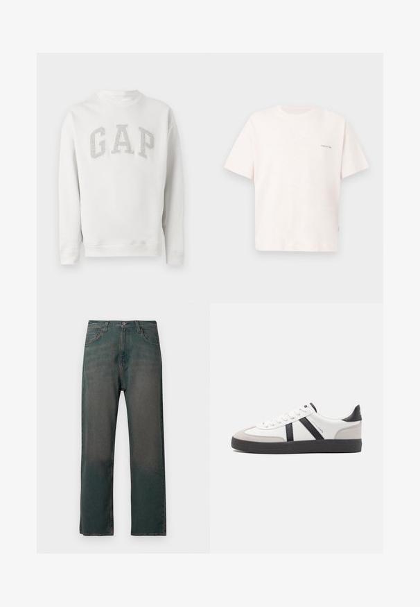 Sweat-shirt blanc à manches longues avec col rond et lettres grises "GAP" sur la poitrine, en tissu doux, présenté sur un fond uni.; T-shirt uni blanc cassé à manches courtes avec un petit texte "originals 1990" sur la partie supérieure gauche de la poitrine, présenté sur un fond clair.; Jean en denim vert foncé avec une coupe droite, doté d'un design classique à cinq poches et de coutures contrastantes le long des coutures.; Baskets blanches avec des accents noirs et gris, présentant un embout texturé gris, une semelle en caoutchouc noir et des lacets plats blancs. Design épuré, style minimaliste.