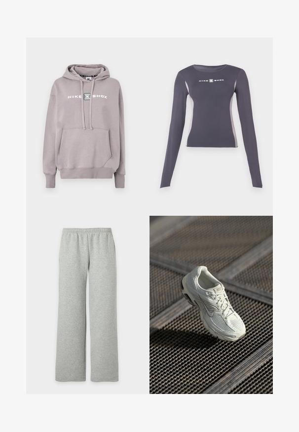 Ανοιχτό γκρι φούτερ Nike Shox με τσέπη καγκουρό, κουκούλα με κορδόνι και τυπωμένο λογότυπο στο μπροστινό μέρος. Υλικό από βαμβακερό μείγμα, απαλή υφή.; Σκοτεινό γκρι αθλητικό μπλουζάκι με μακριά μανίκια και εφαρμοστή γραμμή, με ανοιχτό γκρι πλαϊνές ρίγες και λευκό λογότυπο "Nike Shox" στο στήθος.; Ανοιχτό γκρι φόρμα με ελαστική μέση και φαρδιές, ίσιες μπατζάκια, απεικονίζεται σε απλό λευκό φόντο.; Άσπρο αθλητικό παπούτσι Nike για τρέξιμο με δικτυωτό και συνθετικό επάνω μέρος, τοποθετημένο σε μεταλλική σχάρα δαπέδου υπό απαλό φυσικό φως.