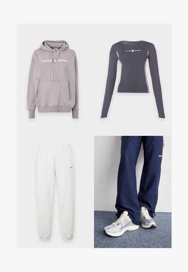 Ανοιχτό γκρι φούτερ Nike Shox με τσέπη καγκουρό, κουκούλα με κορδόνι και τυπωμένο λογότυπο στο μπροστινό μέρος. Υλικό από βαμβακερό μείγμα, απαλή υφή.; Σκοτεινό γκρι αθλητικό μπλουζάκι με μακριά μανίκια και εφαρμοστή γραμμή, με ανοιχτό γκρι πλαϊνές ρίγες και λευκό λογότυπο "Nike Shox" στο στήθος.; Ανοιχτό γκρι φόρμα Nike με ελαστική μέση, στενά μανσέτες και μικρό μαύρο λογότυπο στο αριστερό μηρό. Μαλακό, υφασμάτινο ύφασμα με υφή.; Αθλητικά παπούτσια Nike με ασημένιο δίχτυ επάνω, λευκές λεπτομέρειες και υφασμάτινες σόλες, σε συνδυασμό με χαλαρούς ναυτικούς παντελονιού.