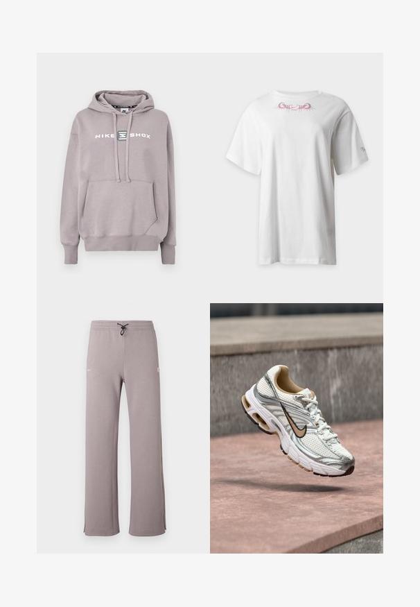 Ανοιχτό γκρι φούτερ Nike Shox με τσέπη καγκουρό, κουκούλα με κορδόνι και τυπωμένο λογότυπο στο μπροστινό μέρος. Υλικό από βαμβακερό μείγμα, απαλή υφή.; Λευκό κοντομάνικο μπλουζάκι με μικρό ροζ και κόκκινο συμμετρικό αφηρημένο σχέδιο κοντά στη λαιμόκοψη και μαύρο χειρόγραφο κείμενο στο δεξί μανίκι.; Γκρι φόρμα με κορδόνι στη μέση, πλευρικές σχισμές και λευκό λογότυπο στο αριστερό μέρος. Κατασκευασμένη από μαλακό ύφασμα με άνετη εφαρμογή.; Λευκό και ασημένιο παπούτσι για τρέξιμο Nike με μπεζ λογότυπο Swoosh, εμφανίζεται στον αέρα πάνω από μια πέτρινη επιφάνεια με θολό γκρι τοίχο στο φόντο.