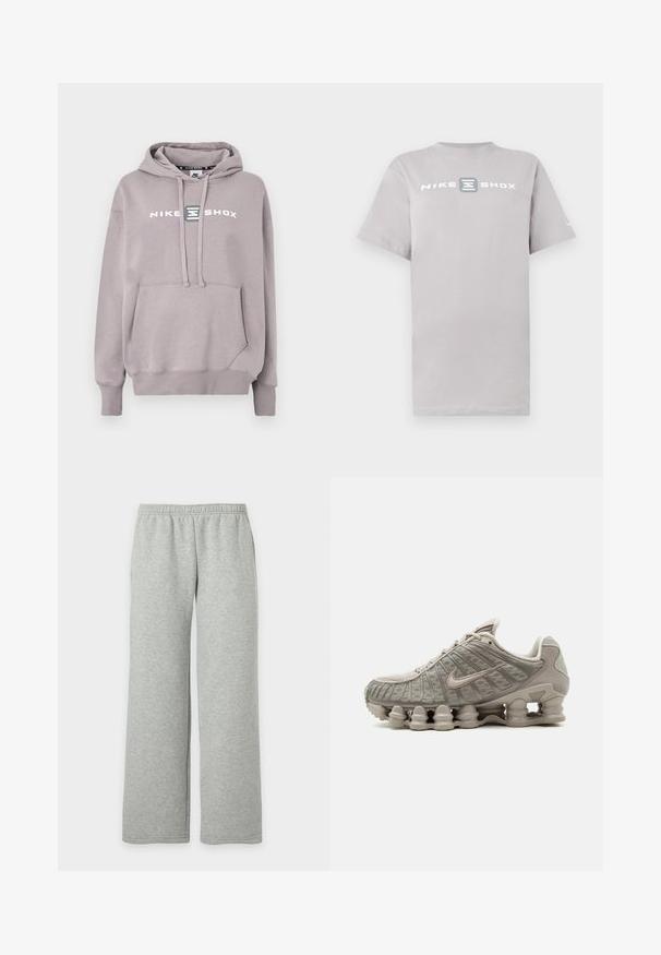 Ανοιχτό γκρι φούτερ Nike Shox με τσέπη καγκουρό, κουκούλα με κορδόνι και τυπωμένο λογότυπο στο μπροστινό μέρος. Υλικό από βαμβακερό μείγμα, απαλή υφή.; Ανοιχτό γκρι βαμβακερό t-shirt με στρογγυλή λαιμόκοψη και κοντά μανίκια, με το "NIKE SHOX" τυπωμένο με έντονα λευκά γράμματα στο στήθος.; Ανοιχτό γκρι φόρμα με ελαστική μέση και φαρδιές, ίσιες μπατζάκια, απεικονίζεται σε απλό λευκό φόντο.; Ανοιχτό μπεζ αθλητικό παπούτσι Nike Shox με ορατή σόλα απορρόφησης κραδασμών σε σχήμα στήλης και λεπτομέρειες από δίχτυ στο επάνω μέρος.