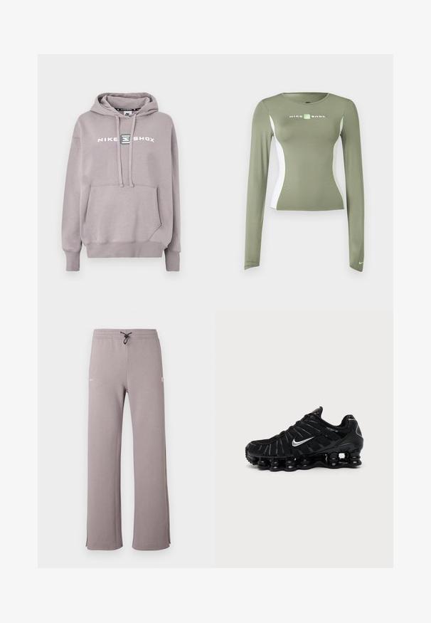 Ανοιχτό γκρι φούτερ Nike Shox με τσέπη καγκουρό, κουκούλα με κορδόνι και τυπωμένο λογότυπο στο μπροστινό μέρος. Υλικό από βαμβακερό μείγμα, απαλή υφή.; Μακρυμάνικη μπλούζα Nike Shox σε ελαιόχρωμο πράσινο με λευκές πλαϊνές φάσες και νέον πράσινες λεπτομέρειες, στενή εφαρμογή και μικρό λογότυπο swoosh στο μανίκι.; Γκρι φόρμα με κορδόνι στη μέση, πλευρικές σχισμές και λευκό λογότυπο στο αριστερό μέρος. Κατασκευασμένη από μαλακό ύφασμα με άνετη εφαρμογή.; Μαύρο αθλητικό παπούτσι Nike με ασημί λογότυπο Swoosh, επάνω μέρος από δίχτυ και συνθετικό υλικό και χαρακτηριστική καλοσχηματισμένη σόλα με τμήματα.
