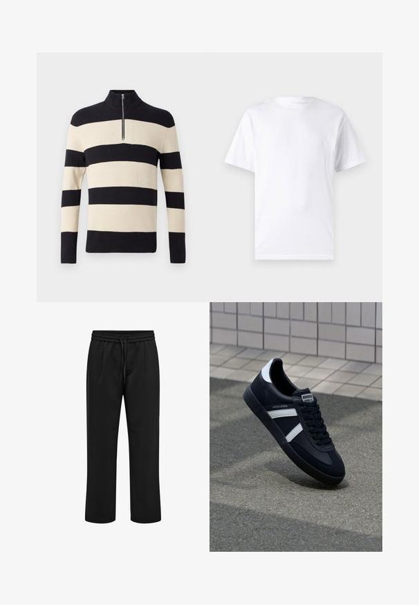 Pull en tricot à côtes rayé noir et beige avec des manches longues et un petit zip en argent au col montant.; T-shirt blanc à manches courtes en coton avec un col rond, présentant une texture lisse et un design simple, sans motifs ni accents.; Pantalon décontracté noir avec taille élastique et cordon, coupe droite et plis à l'avant.; Sneaker en cuir noir avec des rayures blanches, semelle en caoutchouc texturée et devant à lacets. Présente une étiquette de marque sur la languette.