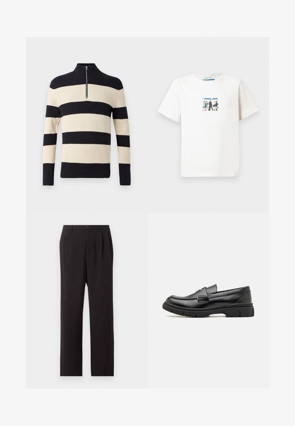 Pull en tricot à côtes rayé noir et beige avec des manches longues et un petit zip en argent au col montant.; T-shirt blanc à manches courtes avec un petit graphique représentant cinq membres de l'équipage de vol de Pan Am marchant et le logo de Pan Am en bleu.; Pantalon noir taille haute sur mesure avec plis, fermeture par boutons, passants de ceinture et jambes droites sur un fond clair uni.; Mocassin en cuir noir avec une large sangle sur le devant, semelle en caoutchouc à épaisse rainure, et texture lisse. Design classique et élégant.