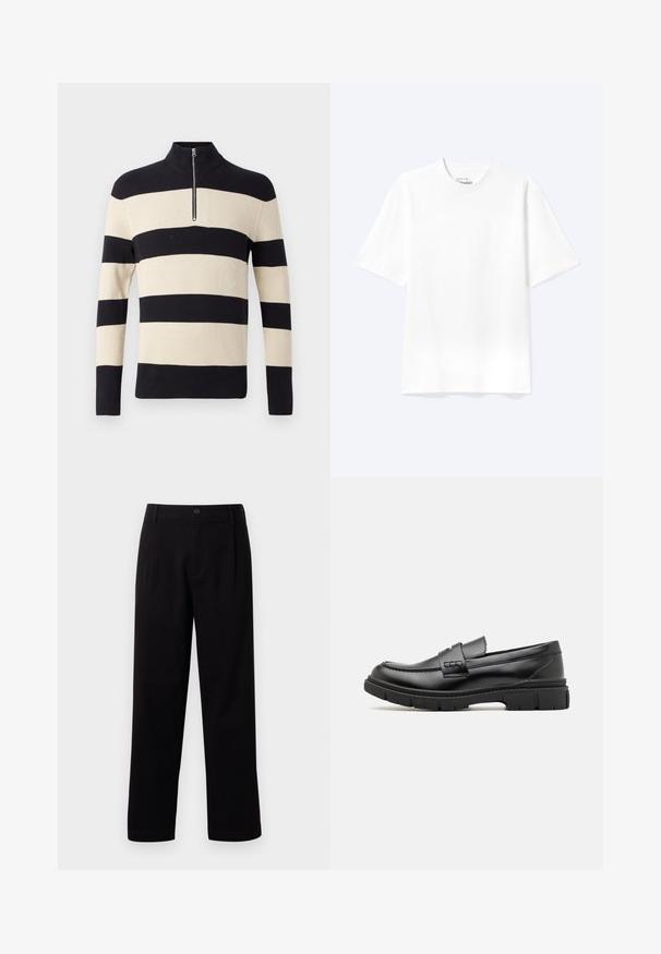 Pull en tricot à côtes rayé noir et beige avec des manches longues et un petit zip en argent au col montant.; T-shirt blanc uni à manches courtes et col rond avec une coupe décontractée, présenté sur un fond clair.; Pantalons en tissu noir avec une coupe droite, des plis avant et une fermeture à un bouton. Texture lisse et sans motifs visibles.; Mocassin en cuir noir avec une large sangle sur le devant, semelle en caoutchouc à épaisse rainure, et texture lisse. Design classique et élégant.