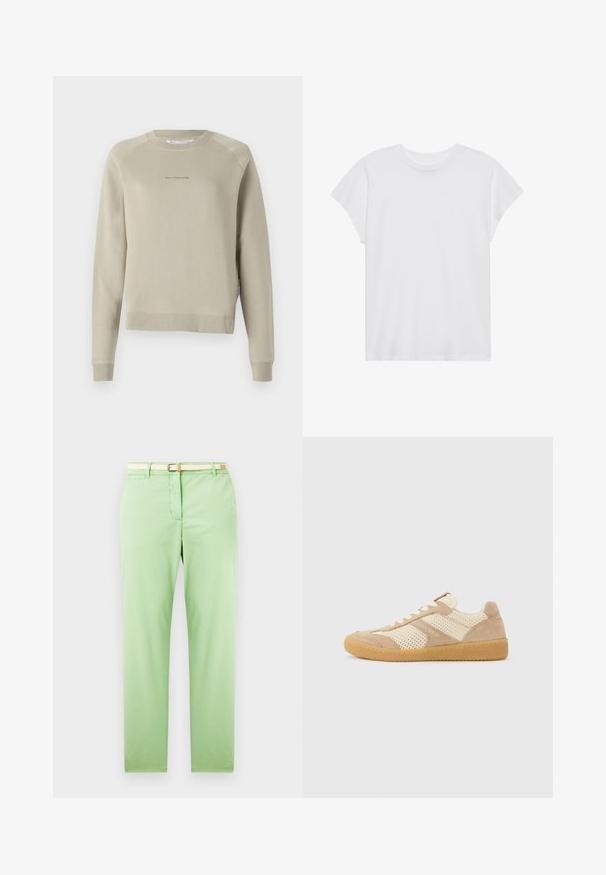 Sweatshirt gris clair à manches longues avec un col rond, des manches raglan et des détails de logo subtils sur la poitrine. Fabriqué dans un matériau doux.; T-shirt blanc à manches courtes, col rond, coupe décontractée, en tissu de coton doux. Texture lisse, sans motifs ni logos.; Pantalon en coton vert clair avec une coupe droite, doté d'une ceinture tissée beige, de poches avant et sans motifs ni ornements visibles.; Baskets basses beige et crème avec des panneaux en maille et en suède, des lacets blancs et une semelle en caoutchouc gomme, vues de côté sur un fond uni.