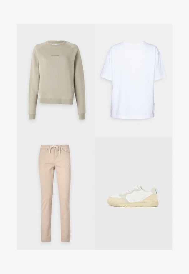 Sweatshirt gris clair à manches longues avec un col rond, des manches raglan et des détails de logo subtils sur la poitrine. Fabriqué dans un matériau doux.; T-shirt à manches courtes en coton blanc uni, présenté de dos sur un fond gris clair.; Pantalons en coton rayés beige avec taille à cordon, jambes fuselées et deux poches avant. Texture lisse, design décontracté.; Baskets blanches et beiges avec dessus en suède et textile, présentant des coutures contrastées, une semelle en caoutchouc et un accent bleu clair sur le talon.