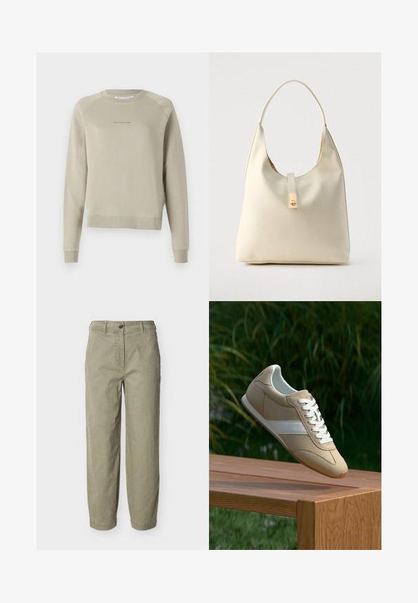 Lys grå langærmet sweatshirt med rund halsudskæring, raglanærmer og subtile logo-detaljer på brystet. Fremstillet af blødt materiale.; Lyse khaki bukser med lige ben, bæltestropper, knaplukning og lynlås, vist på en ensfarvet baggrund.; Beige sportssko med en glat ruskindsoverflade, hvide snørebånd og en kontrasterende hvid stribe. Minimalistisk design med afrundet tå og tekstureret sål.; Hobo-taske i cremefarvet læder med en enkelt skulderrem, glat tekstur og et guldfarvet spænde foran.