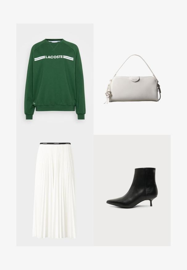 Groen sweatshirt van een katoenmengsel. Voorzien van een ronde hals, raglanmouwen en witte "LACOSTE" tekst met twee strepen over de borst.; Plisséminirok in het wit met een zwarte elastische tailleband met het "LACOSTE"-logo. Middellange ontwerp met een zachte textuur.; Zwart leren enkellaars met puntige neus en lage kittenhak op lichte achtergrond, zijaanzicht buitenkant.; Witte rechthoekige Calvin Klein handtas met enkele handgreep, minimalistisch ontwerp en decoratieve kwastjes met geometrische metalen hanger aan de zijkant.