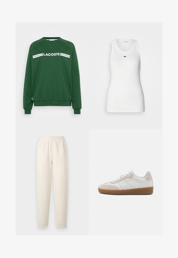 Groen sweatshirt van een katoenmengsel. Voorzien van een ronde hals, raglanmouwen en witte "LACOSTE" tekst met twee strepen over de borst.; Witte mouwloze tanktop met een ronde hals en geribbelde textuur. Heeft een klein groen Lacoste krokodillogo op de borst.; Crème-kleurige sweatpants gemaakt van zachte stof. Bevat een elastische tailleband en een taps toelopend ontwerp met subtiele stikdetails.; Witte leren sneakers met beige suède accenten, een gestructureerde tong en een rubberen zool. Voorzien van witte veters en subtiele gestikte details.