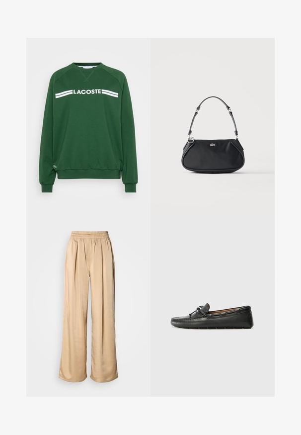 Groen sweatshirt van een katoenmengsel. Voorzien van een ronde hals, raglanmouwen en witte "LACOSTE" tekst met twee strepen over de borst.; Beige wijde broek met elastische tailleband en voorplooien, gemaakt van glad, glanzend stof.; Zwarte leren bootshoe met een ronde neus, gestikte details, een kleine strikaccent en een rubberen zool. Soepele textuur en gestroomlijnd ontwerp.; Zwarte schoudertas met verstelbare riem, ritssluiting en klein zilverkleurig krokodillenlogo aan de voorkant in het midden.