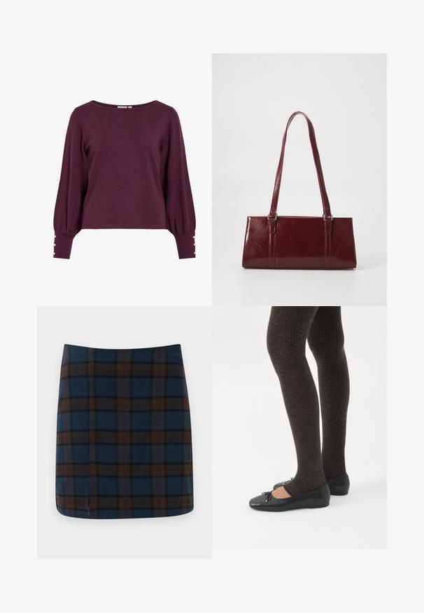Pull en tricot bordeaux avec un large décolleté, de longues manches ballon et des boutons en accent aux poignets. Texture douce et coupe décontractée.; Jupe mini en tartan bleu marine avec des lignes marron et grises, fabriquée dans un tissu lisse, avec une fente discrète au dos pour plus de liberté de mouvement.; Jambes portant des leggings côtelés foncés associés à des ballerines noires avec de petits détails en nœud sur fond blanc.; Sac à main bordeaux en matériau brillant, de forme rectangulaire, avec deux anses et des accents légèrement courbés à l'avant.