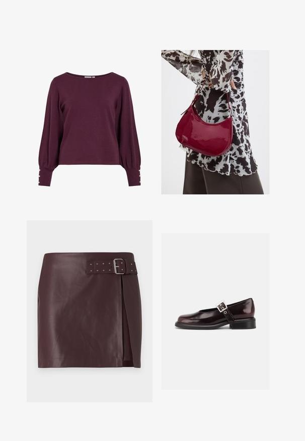 Pull en tricot bordeaux avec un large décolleté, de longues manches ballon et des boutons en accent aux poignets. Texture douce et coupe décontractée.; Jupe en simili cuir bordeaux avec une taille ceinturée et une boucle métallique, présentant une fente sur le côté et une texture lisse et polie.; Chaussure Mary Jane unique brillante couleur bordeaux foncé avec une large bride et une boucle argentée, talon bloc bas et bout arrondi sur fond blanc.; Femme portant un chemisier à motif noir et blanc tenant un sac à main rouge brillant sur un fond uni.