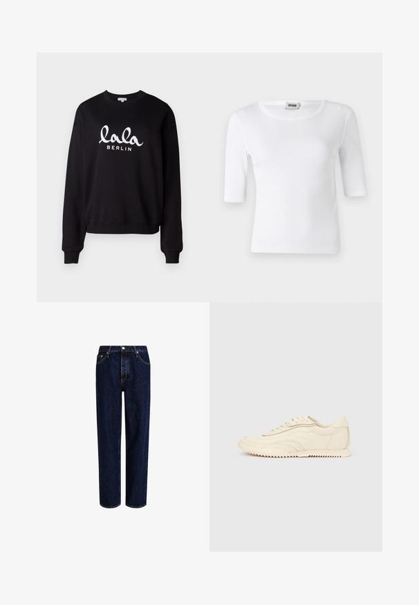 Sort sweatshirt med ribbet halsudskæring og manchetter. Har hvid tekst "lala BERLIN" i kursiv skrift henover forsiden. Blød struktur.; Hvid ribbet T-shirt med rund halsudskæring og ærmer til albuerne. Fremstillet af blødt stof med en glat overflade. Etiketten er synlig ved halsudskæringen.; Mørkeblå denim jeans med lige ben-design, der har høj talje, fem-lomme-stil og kontrastsyninger. Ingen dekorationer.; Lavprofileret sneaker i cremefarve med bølget syning, snørebånd og en rilleret sål, vist fra siden på en ensfarvet baggrund.