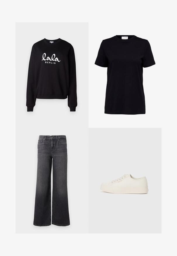 Schwarzer Sweatshirt mit einem gerippten Rundhalsausschnitt und Bündchen. Mit weißem Text "lala BERLIN" in einer geschwungenen Schriftart auf der Vorderseite. Weiche Textur.; Schwarzes T-Shirt mit kurzen Ärmeln und Rundhalsausschnitt, geradem Saum und einem weißen Etikett auf der Rückseite innen im Kragen.; Weit geschnittene, dunkelgraue Jeans aus Denim mit einem dezenten Fade. Sie verfügen über einen Knopfverschluss, fünf Taschen und einen geraden Saum am Knöchel.; Sneaker aus off-weißem Canvas, mit einem Low-Top-Design, runder Zehenpartie und flacher Gummisohle mit dezenten Nähdetails.