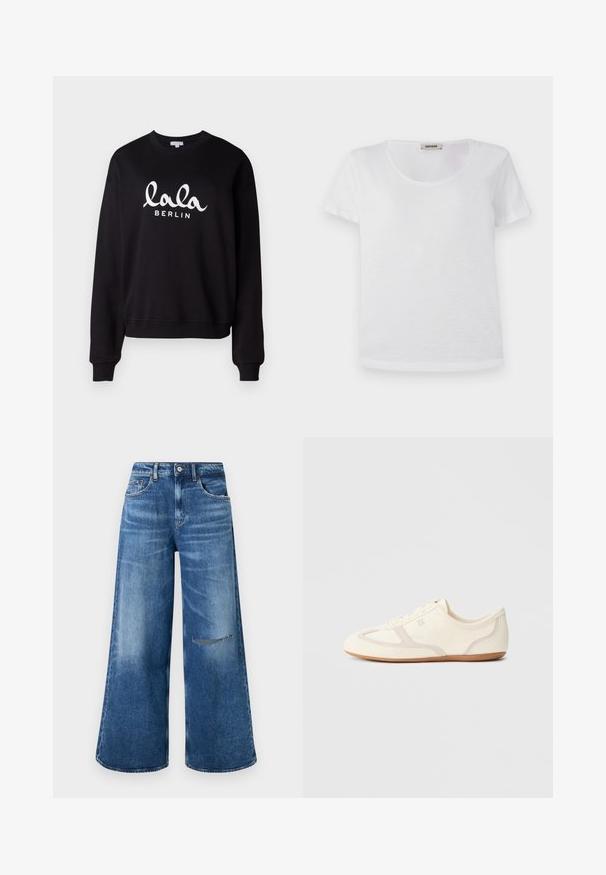 Zwarte sweatshirt met een ribbelboord aan de hals en mouwen. Kenmerkt witte tekst "lala BERLIN" in een cursieve lettertype over de voorkant. Zachte textuur.; Witte t-shirt met korte mouwen, gemaakt van zachte stof, met een ronde halslijn en een rechte zoom zonder zichtbare patronen of accenten.; Wijdvallende blauwe spijkerbroek met een vervaagde was, heeft een voorzak en een versleten detail op de knie, afgewerkt met een klassieke tailleband.; Crème-witte sneakers met een bovenwerk van suède en stof, een afgeronde neus en een rubberen zool met een beige accentdetail. Vetersluiting.
