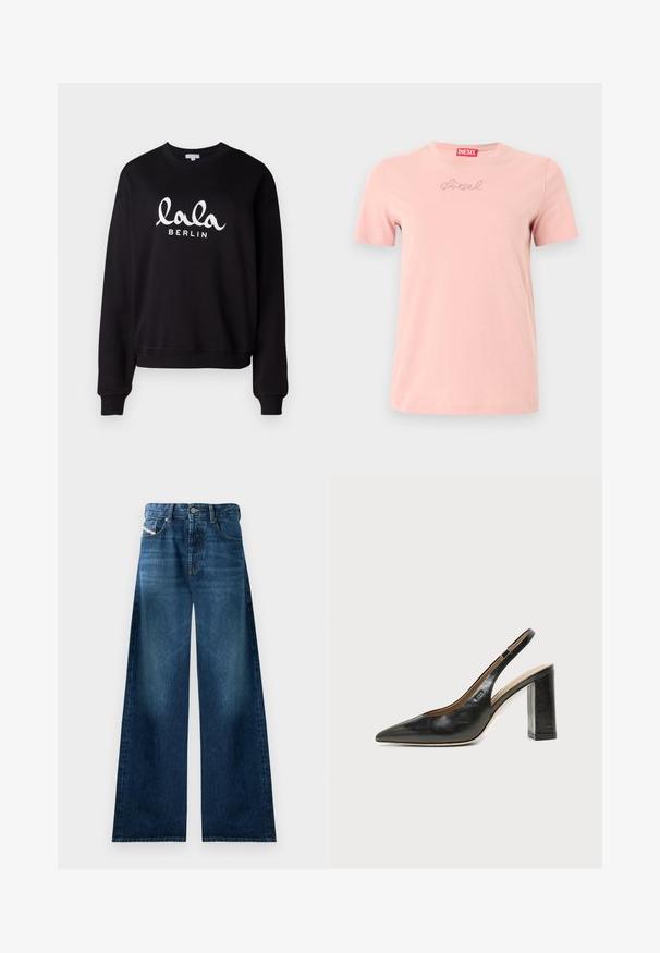 Schwarzer Sweatshirt mit einem gerippten Rundhalsausschnitt und Bündchen. Mit weißem Text "lala BERLIN" in einer geschwungenen Schriftart auf der Vorderseite. Weiche Textur.; Hellrosa T-Shirt mit kurzen Ärmeln, auf der Brust steht in kleiner Schrift "Diesel" und im Kragen befindet sich ein rotes Diesel-Label.; Weite Jeans aus Denim in dunkler Waschung. Verfügt über ein traditionelles Fünf-Taschen-Design, einen Knopfverschluss und leichte Ausbleichungen an den Oberschenkeln.; Schwarzer Leder-Slingback-Schuh mit spitzer Kappe, hohem Blockabsatz und beigegefüttertem Innenraum vor hellem, einfarbigem Hintergrund.