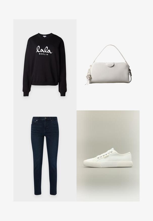 Schwarzer Sweatshirt mit einem gerippten Rundhalsausschnitt und Bündchen. Mit weißem Text "lala BERLIN" in einer geschwungenen Schriftart auf der Vorderseite. Weiche Textur.; Dunkelblaue Jeans mit schmaler Passform, ausgestattet mit einem Fünf-Taschen-Design, Knopfverschluss und dezenten Nähdetails. Glatte Textur über die gesamte Fläche.; Weißer Low-Top Canvas-Sneaker mit strukturierter Gummisohle, weißen Schnürsenkeln und kleinem Calvin Klein-Label an der Seite.; Weiße rechteckige Calvin Klein Handtasche mit einem einzelnen Henkel, minimalistischem Design und dekorativen Quasten mit geometrischem Metallanhänger an der Seite.
