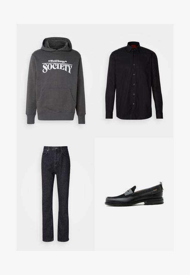 Grauer Hoodie aus weichem Material mit einer Fronttasche, gerippten Bündchen und dem in weißem Text auf der Brust aufgedruckten "World Energy Society".; Schwarzes Langarmhemd aus glattem Stoff, mit klassischem Kragen, Knopfverschluss vorne und taillierter Passform.; Hochtaillierte schwarze Jeans aus Denim mit Knopf- und Reißverschluss, Vorder- und Hintertaschen sowie einer geraden Passform.; Schwarzer Lederloafer mit grauem Riemendetail, niedrigem Absatz und strukturierter Sohle, seitlich mit „HUGO“ in Gold gebrandmarkt.