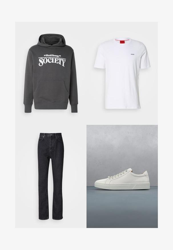Grauer Hoodie aus weichem Material mit einer Fronttasche, gerippten Bündchen und dem in weißem Text auf der Brust aufgedruckten "World Energy Society".; Weißes Baumwoll-T-Shirt mit kurzen Ärmeln, Rundhalsausschnitt und kleinem schwarzen "HUGO"-Logo auf der linken Brust. Verfügt über ein rotes Etikett im Nacken.; Hochtaillierte schwarze Jeans aus Denim mit Knopf- und Reißverschluss, Vorder- und Hintertaschen sowie einer geraden Passform.; Weißes Leder-Sneaker mit abgerundetem Zehenbereich, minimalistisches Design, graue Schnürsenkel und einer strukturierten grauen Gummisohle. Dezente Nähte sichtbar.