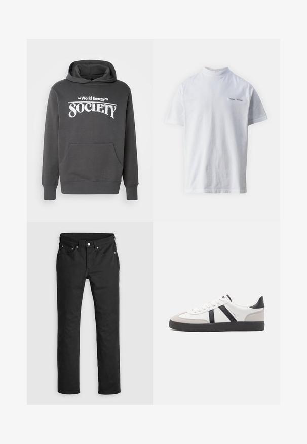 Grå hættetrøje lavet af blødt materiale med en frontlomme, ribbede manchetter og "World Energy Society" trykt i hvid tekst på brystet.; Hvid bomulds t-shirt med høj halsudskæring og korte ærmer. Har "SAMSØE SAMSØE" logo i sort på forsiden. Glat tekstur.; Sorte denimbukser med lige ben, der har lynlås i gylpen, fem lommer og metalknapdetaljer. Glat tekstur.; Hvide sneakers med sorte og grå detaljer, med en tekstureret grå tåhætte, sort gummisål og flade hvide snørebånd. Rent design, minimalistisk stil.