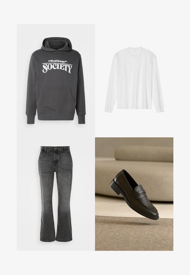 Grauer Hoodie aus weichem Material mit einer Fronttasche, gerippten Bündchen und dem in weißem Text auf der Brust aufgedruckten "World Energy Society".; Weißes langärmeliges Baumwoll-T-Shirt mit Rundhalsausschnitt, mit gerippten Bündchen und geradem Saum, glatter Textur und minimalistischem Design.; Graue Schlagjeans aus Denim, ausgestattet mit einem klassischen Fünf-Taschen-Design, einem Knopfverschluss und einer dezenten, ausgebleichten Textur.; Schwarzer Lederloafer, der auf einem beigen Teppich liegt, mit einem gebogenen beigen Sofa im Hintergrund.