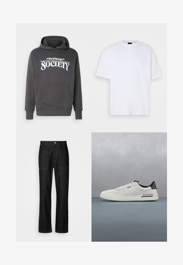 Grauer Hoodie aus weichem Material mit einer Fronttasche, gerippten Bündchen und dem in weißem Text auf der Brust aufgedruckten "World Energy Society".; Weißes Baumwoll-T-Shirt mit Rundhalsausschnitt, kurzen Ärmeln und lässiger Passform. Verfügt über strukturierte Schulternaht für zusätzliche Details.; Schwarze Jeans mit geradem Bein, sichtbaren Nähten und einem Frontknopfverschluss. Enthält zwei Seitentaschen und zwei Gesäßtaschen.; Weißer Sneaker mit niedrigem Schnitt und schwarzer Ferse, Schnürverschluss, dezenten Perforationen und "BOSS"-Logo an der Seite, gezeigt von der äußeren Seitenansicht.