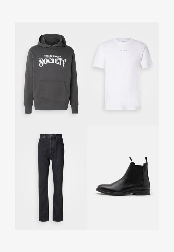 Grauer Hoodie aus weichem Material mit einer Fronttasche, gerippten Bündchen und dem in weißem Text auf der Brust aufgedruckten "World Energy Society".; Weißes T-Shirt mit kurzen Ärmeln aus Baumwolle und Rundhalsausschnitt. Mit dem schwarzen "Marc O'Polo"-Logo auf der Brust. Glatte Textur, minimalistisches Design.; Hochtaillierte schwarze Jeans aus Denim mit Knopf- und Reißverschluss, Vorder- und Hintertaschen sowie einer geraden Passform.; Schwarze Leder-Chelsea-Stiefel mit elastischen Seitenpanels, runder Zehenkappe, Zuglaschen und einem niedrigen, gestapelten Absatz. Glatte Textur und klassisches Design.