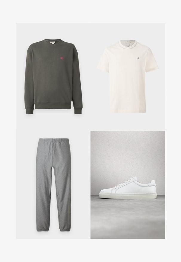 Tume roheline crewneck-sweatshirt, mis on valmistatud puuvillast. Sellel on vasakul rinnal väike roosa 'ck' logo ning soonikkoes varrukaotsad ja alläär.; Lühikeste varrukatega, koorevalge Calvin Kleini T-särk ümmarguse kaelusega ja väikese musta "cK" logoga vasakul rinnal.; Hallid kergekaalulised püksid elastse taljega, veidi kitsenevate säärte ja elastsete mansettidega. Sile tekstuur peene mustriga.; Valge tennisetoss, millel on sile nahk pealis ja madal profiil. Omab ümarat ninaosa, kuut silmust ja tekstuuriga kummist talda.