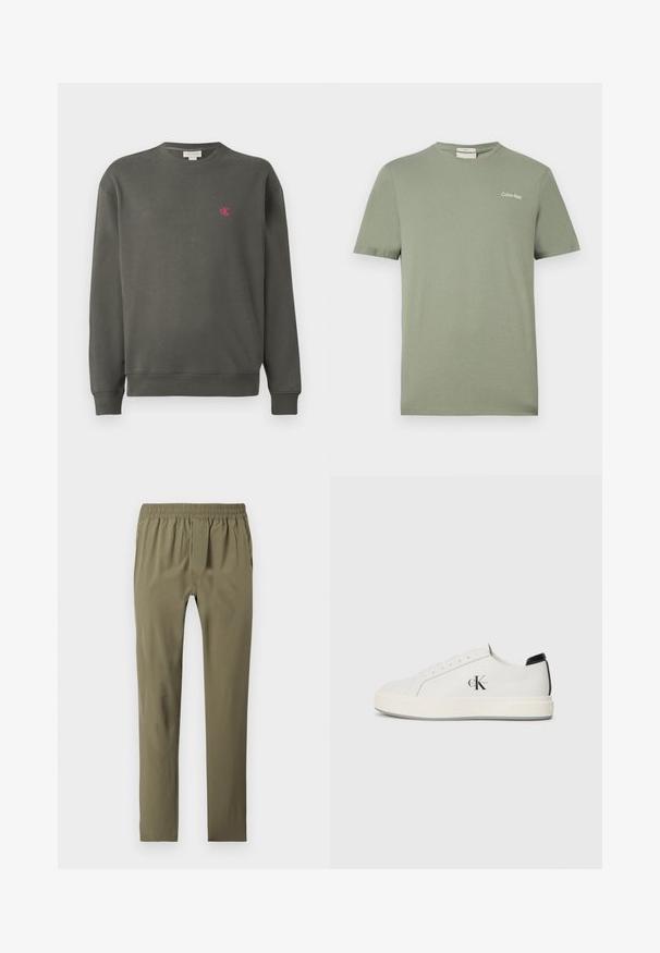 Mørkegrøn crewneck sweatshirt lavet af bomuld. Har et lille pink 'ck' logo på venstre bryst samt ribbede manchetter og kant.; Kortærmet olivengrøn Calvin Klein t-shirt med rund hals og lille logo på venstre bryst.; Olivengrønne slim-fit bukser med elastisk linning, to sidelommer og lynlås foran, lagt fladt på en hvid baggrund.; Hvide lædersneakers med rund tå, flad gummisål og sort hælaccent. Har et fremtrædende sort Calvin Klein-logo på siden.