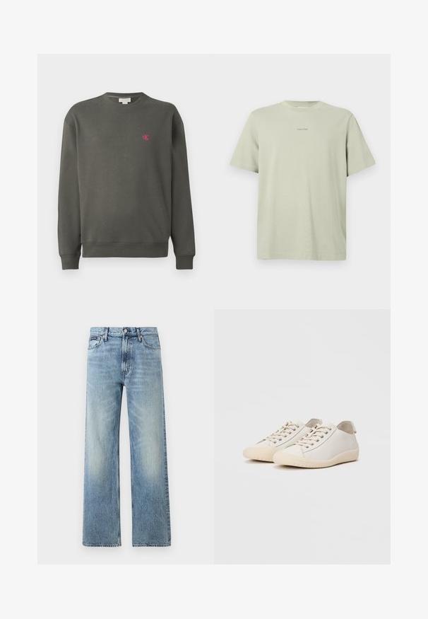 Mørkegrøn crewneck sweatshirt lavet af bomuld. Har et lille pink 'ck' logo på venstre bryst samt ribbede manchetter og kant.; Lys grøn bomulds t-shirt med rund hals, korte ærmer og et lille Calvin Klein-logo i en mørkere nuance trykt på brystet.; Lyseblå denim jeans med lige ben, højt talje, fem lommer, knaplukning og diskrete falmede områder på lår og knæ.; Hvide sneakers lavet af glat læder med tonede stikninger, snørebåndslukning, rund tå og en tekstureret gummisål.