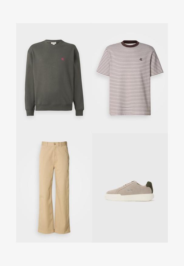 Tume roheline crewneck-sweatshirt, mis on valmistatud puuvillast. Sellel on vasakul rinnal väike roosa 'ck' logo ning soonikkoes varrukaotsad ja alläär.; Ribade lühikeste varrukatega t-särk, millel on pruunid ja kreemjad horisontaalsed triibud, ümmargune kaelus pruuni äärega ning väike bordeeeritud logo rinnal.; Bežid, laiused püksid, mis on valmistatud puuvillasegust. Omavad nupuvärvi ja vööaukude. Sujuv tekstuur, kus on minimaalsed õmbluse detailid.; Beez suède tossudega valge kummist tallaga, tumeroheline kanna aktsent ja peened brändingud küljel.