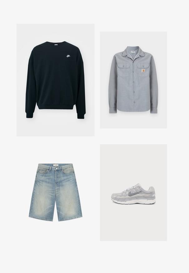 Must mustaga Nike pikendatud varrukatega, ümar kaelus ja soonikkoes mansetid. Vasakul rinnal on valge Nike logo.; helehall pikkade varrukatega särg, millel on kaks rinnataskut ja parempoolsel taskul väike Carhartti logoga silt.; Hele sinised teksapüksid, millel on nööp ja tõmblukk, esi taskud, vööaasad ja pleekinud pesutsükkel.; Helehall Nike'i jooksujalats võrk- ja seemisnahast paneelidega, paks valge tald ning küljel Swooshi logo, profiilvaates lihtsal taustal.
