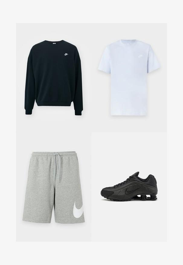 Must mustaga Nike pikendatud varrukatega, ümar kaelus ja soonikkoes mansetid. Vasakul rinnal on valge Nike logo.; Hele sinine puuvillane t-särk lühikeste varrukatega, ümar kaelus ja valge Nike logo trükituna vasakul rinnal. Sile tekstuur, lihtne disain.; Helesed hallid spordipüksid elastse vöökoha, nööri ja suure valge Nike Swoosh logoga vasaku jala alumisel osal.; Mustad mustat jooksujalad, millel on sile sünteetiline ülemus, perforatsioonid, tekstureeritud külgpaneelid ja eristuv elastne tall.