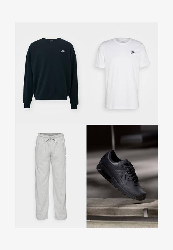 Must mustaga Nike pikendatud varrukatega, ümar kaelus ja soonikkoes mansetid. Vasakul rinnal on valge Nike logo.; Valge puuvillane T-särk, millel on ringkaelus, lühikesed varrukad ja must Nike logo vasakul rinnal. Lihtne, ühtlane värvi disain.; Heledad hallhallid, mis on valmistatud pehmest kangast. Omab elastset vöökohta, millel on nöör ja must Nike logo vasakul reitel.; Mustad musta Nike Air Max tossud, millel on tekstuuriga nahk, kummist välistald ja silmapaistev paeltesüsteem, esitades voolujoonelist ja modernset disaini.