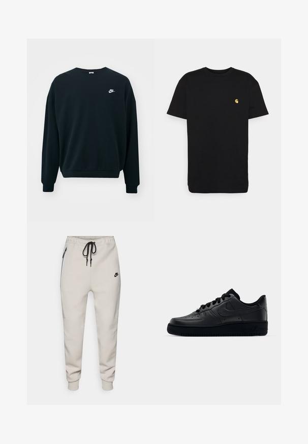 Must mustaga Nike pikendatud varrukatega, ümar kaelus ja soonikkoes mansetid. Vasakul rinnal on valge Nike logo.; Must must tee, lühikeste varrukatega, ümar kaelus ja vasakul rinnal väike kollane logo. Lihtne disain ja regulaarne istuvus.; Heledat beežid Nike jooksupüksid elastse vöökohaga, musta nööriga ja küljetaskutega, millel on lukud. Esiküljel väike must logo.; Mustad Nike Air Force 1 tossud musta sileda nahast, perforatsioonidega varvas hingavuse tagamiseks, mustad paelad ja tekstureeritud kummitald.