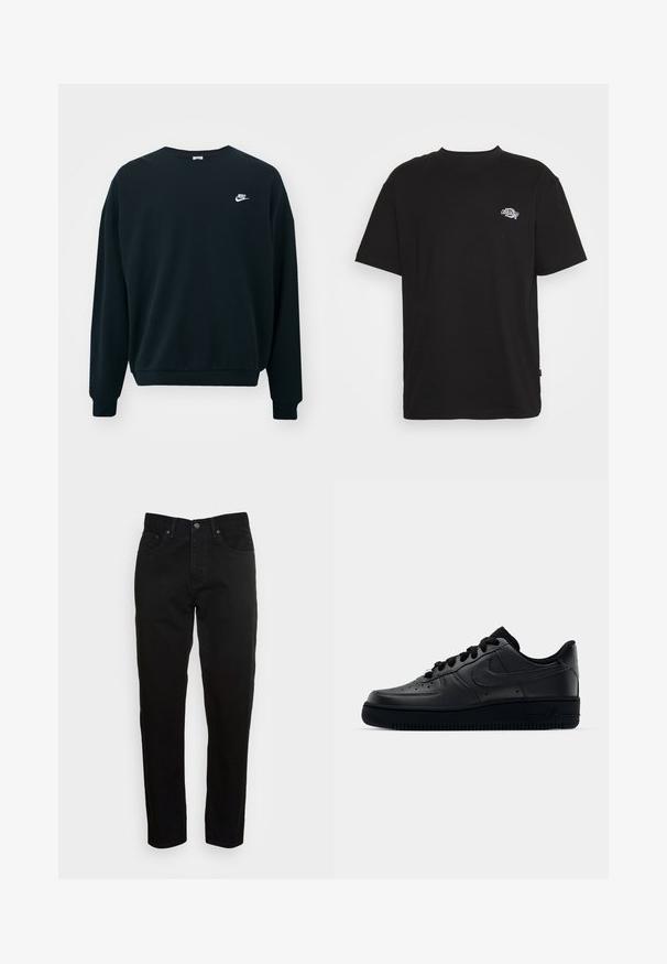 Schwarzer Nike-Pullover mit langen Ärmeln, rundem Halsausschnitt und gerippten Bündchen. Mit einem weißen Nike-Logo auf der linken Brustseite.; Schwarzes Baumwoll-T-Shirt mit kurzen Ärmeln und Rundhalsausschnitt. Mit kleinem weißen Logo im linken Brustbereich.; Schwarze Slim-Fit-Jeans mit vorderem Knopfverschluss und fünf Taschen-Design, vor einem schlichten hellgrauen Hintergrund präsentiert.; Schwarzer Nike Air Force 1 Schuh mit einem glatten Lederoberteil, perforierter Zehenpartie für Atmungsaktivität, schwarzen Schnürsenkeln und einer strukturierten Gummisohle.