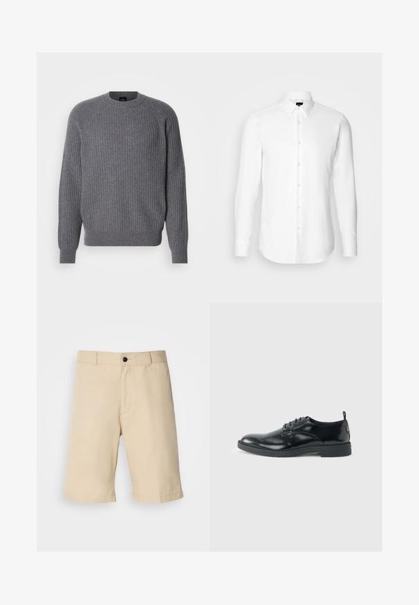 Grå ribbet strikket langærmet sweater med rund halsudskæring og ribbede manchetter, vist på en enkel hvid baggrund.; Hvid skjorte med lange ærmer, knaplukning foran, klassisk krave, lavet af glat stof med en subtil tekstur, designet til et tætsiddende udseende.; Beige shorts lavet af letvægtsstof, med flad front, standard talje med knaplukning og lige afslutning.; Blank sort læder dresssko med lav hæl, snørelukning og rund tå, vist fra siden på ensfarvet lys baggrund.