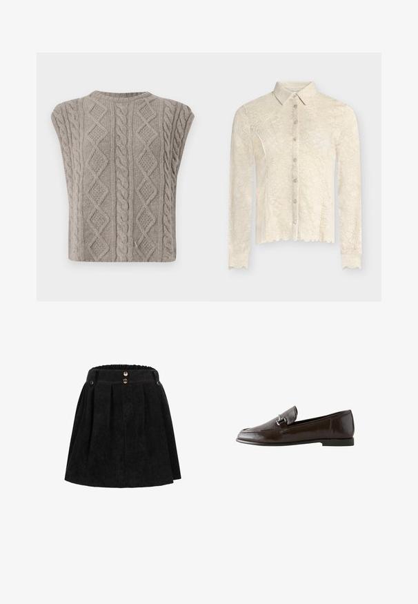 Cable-strikket ærmeløs sweater i blød grå. Har teksturerede mønstre af fletninger og diamanter. Rund halsudskæring og cropped silhuet.; Cremefarvet blondeskjorte med lange ærmer, bølgede kanter, knapper foran og klassisk krave, med blomsterblonde mønster over det hele.; Sort kordnæbskjol med plisseringer, der har en rynket linning og to dekorative metal-knapper foran. Den strukturerede stof fremhæver designet.; Mørkebrun læderloafer med sølvspænde og lav flad hæl, vist i sideprofil på hvid baggrund.