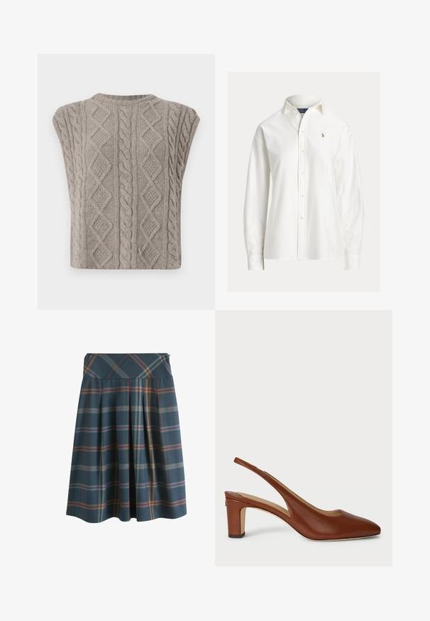 Cable-strikket ærmeløs sweater i blød grå. Har teksturerede mønstre af fletninger og diamanter. Rund halsudskæring og cropped silhuet.; Hvid langærmet skjorte med knapper, krave og lille broderet logo på venstre bryst.; Knælang plisseret nederdel med bred linning, med blå, orange og lilla ternet mønster på en mørk baggrund.; Brun læder slingback sko med spids tå, lav blokhæl og åbne sider, der har en glat tekstur og et minimalistisk design.