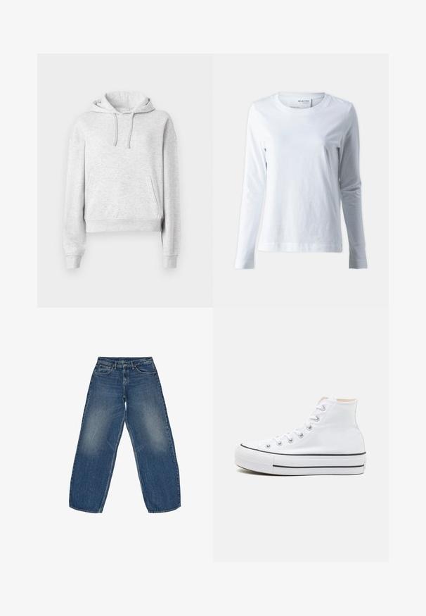 Lysegrå langærmet hættetrøje med forlommer, snørre i hætten, ribkanter ved ærmer og kant, vist på en ensfarvet hvid baggrund.; Hvid langærmet t-shirt lavet af blødt bomuld. Har en rund halsudskæring og tætsiddende ærmer. Glat tekstur med et enkelt design.; Videbenede denim jeans i mellemblå, med en falmet vask, klassisk fem-lomme design og holdbar syning ved kanten.; Hvide høj-top sneakers lavet af kanvasmateriale, sort gummisål og kontrasterende sort stribe på mellemsålen. Rund tåhætte og snørebåndsdesign.